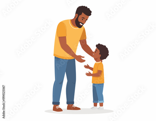 A loving African American father bending down to talk to his young son, illustrating a tender moment of parenthood, family connection, and support on a white background