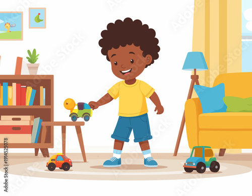 A happy young African American boy joyfully plays with his colorful toy cars on the cozy living room floor, illustrating a cheerful and imaginative childhood moment