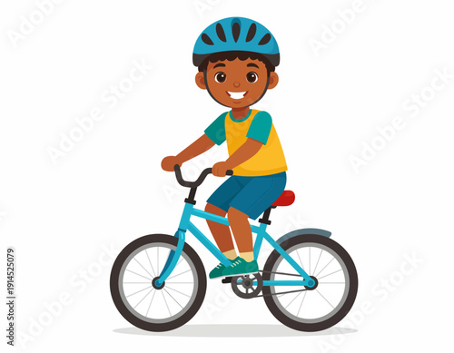 Joyful young boy wearing a blue helmet happily rides his bright blue bicycle on a sunny day, enjoying outdoor activity
