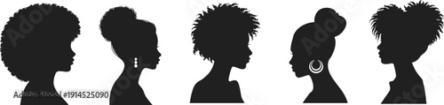 African American women silhouette profile set with natural afro hairstyles, black female head portraits isolated on white background