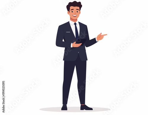 Professional businessman in a suit holding a tablet and gesturing with his hand, ready to present ideas