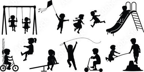 Children playing silhouettes set with kids on swings, slide, scooter and playground activities isolated on white background