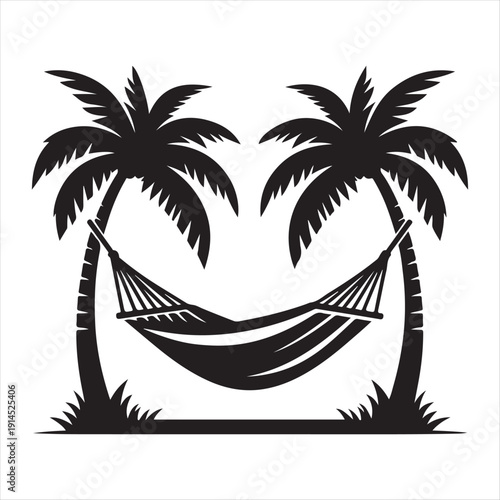 Hammock between palm trees vector silhouette clip art logo design concept illustration