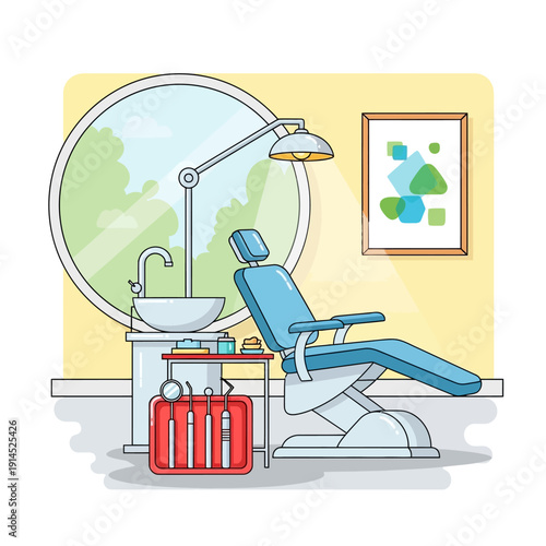 Modern Dental Office Interior with Blue Chair and Window View