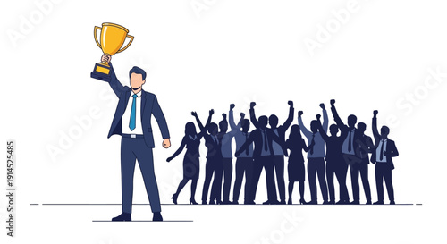 Businessman celebrating with trophy surrounded by team