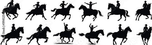 Cowboy riding horse silhouettes set with western ranch riders galloping isolated on white background
