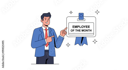 A man in a blue suit is pointing to an Employee of the Month award certificate.
