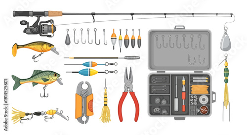 Fishing Gear and Tools Arranged on White Background