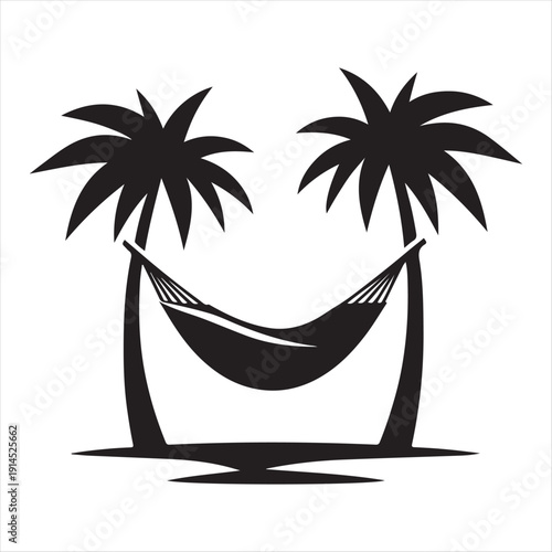 Hammock between palm trees vector silhouette clip art logo design concept illustration