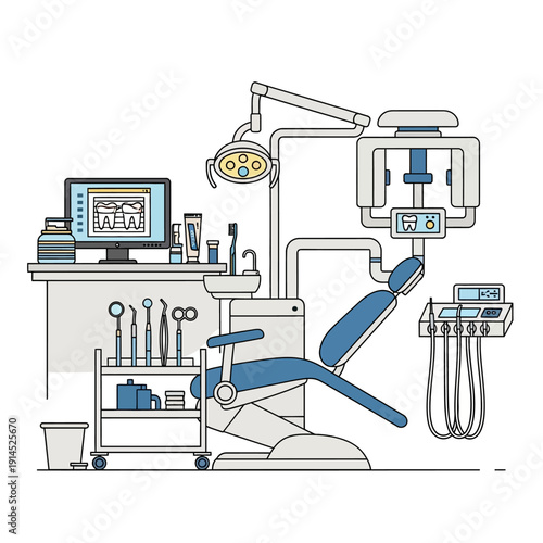 Modern Dental Clinic Interior with Equipment, Chair, and X-ray Machine