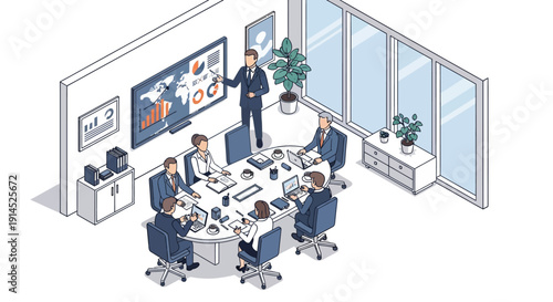 Business professionals engaged in a meeting around a table with a presenter standing in a modern office environment