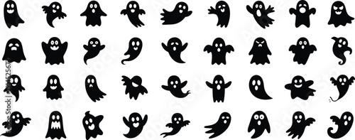 Cute ghost silhouettes set with funny spooky cartoon spirits isolated on white Halloween vector illustration collection