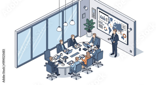 Business professionals gathered around a conference table discussing strategies in a modern meeting room