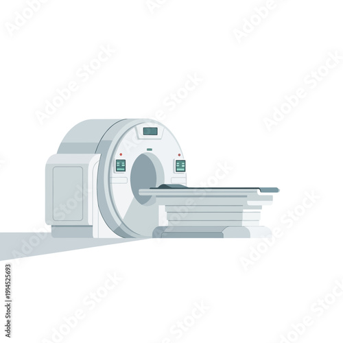 Modern CT scanner machine with patient bed for medical imaging diagnosis