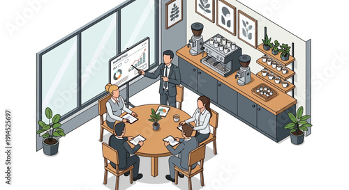 Colleagues gathered around a table in a modern office environment with a coffee bar in the background