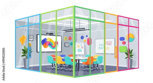 Modern Office Space with Colorful Decor and Neon Lights
