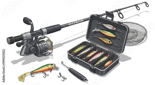 Fishing gear collection including rod, reel, lures, and tackle box on a white background