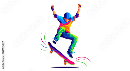 Vibrant skateboarder performs aerial stunt on rainbow-colored board