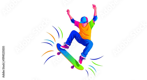 Vibrant skateboarder performing tricks with dynamic motion and colorful graphics