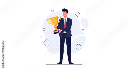 Man in suit holding award in a minimalist graphic illustration style