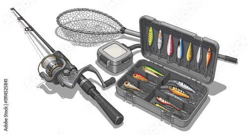 Fishing Gear and Tackle Box Illustration with Various Lures and Rods