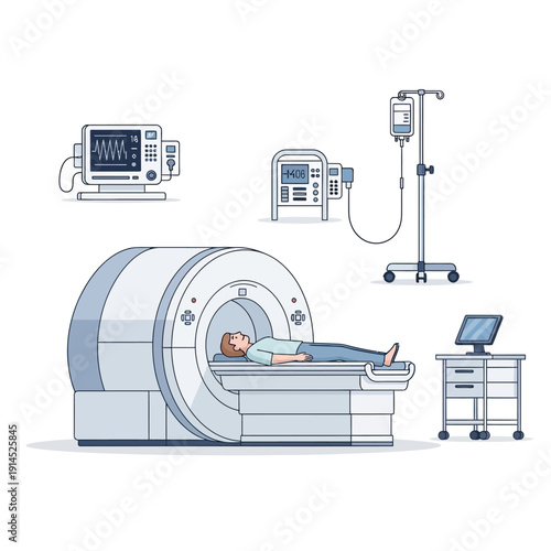 Patient undergoing MRI scan with medical equipment and monitoring.