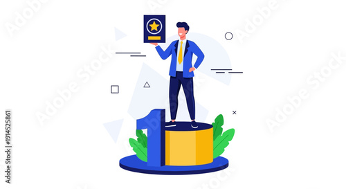 A businessman stands on a podium holding a certificate in a celebratory environment from a frontal viewpoint