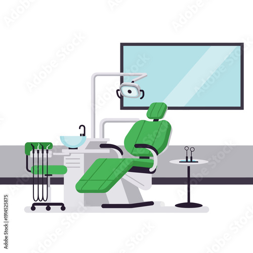 Modern Dental Clinic Interior with Green Chair and Equipment, Flat Design
