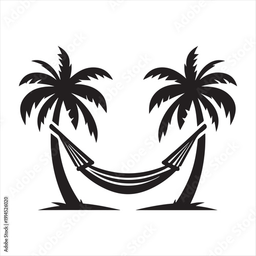Hammock between palm trees vector silhouette clip art logo design concept illustration