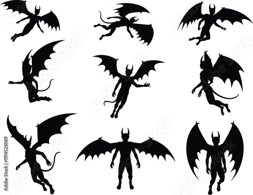 Flying demon silhouettes collection, horned devil characters with bat wings isolated on white background for Halloween horror design