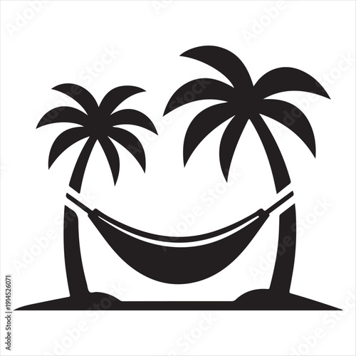 Hammock between palm trees vector silhouette clip art logo design concept illustration