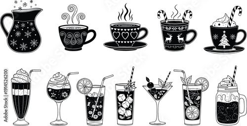 Collection of drink silhouettes featuring hot cocoa mugs with candy canes and iced summer cocktails with fruit garnishes