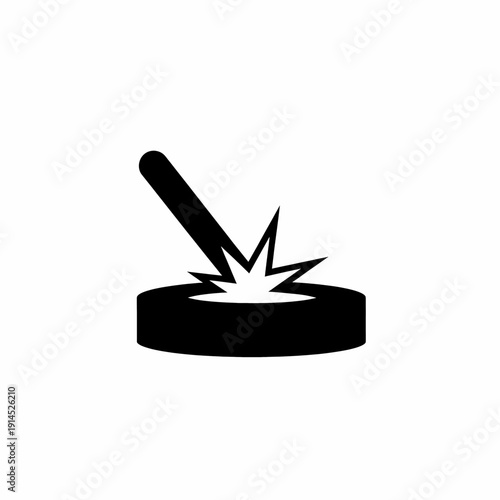A minimalist black and white vector graphic depicting a striking impact on a circular surface, symbolizing force and collision