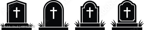 Gravestone silhouette set, cemetery tombstone icons with cross symbols isolated on white background for Halloween memorial design