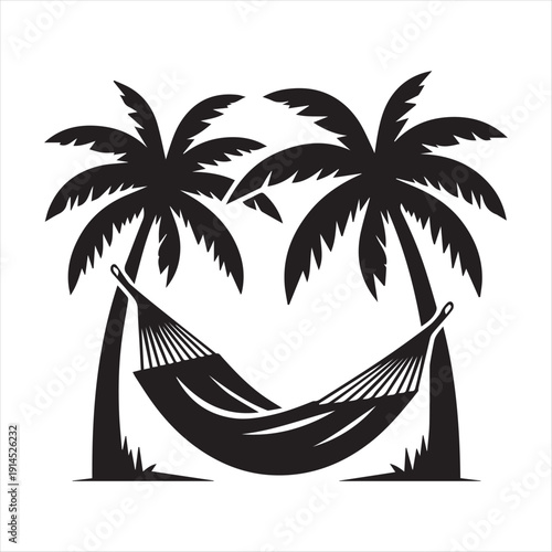 Hammock between palm trees vector silhouette clip art logo design concept illustration