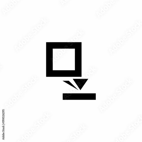 A minimalist geometric icon depicting a square object descending onto a rectangular base, symbolizing data transfer or installation
