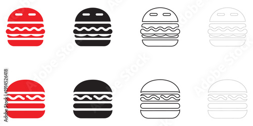burger icon vector set, burger fast food symbol vector, silhouette and line art illustration
