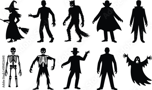 Halloween monster silhouettes set, witch vampire werewolf skeleton ghost and spooky characters isolated on white background horror collection