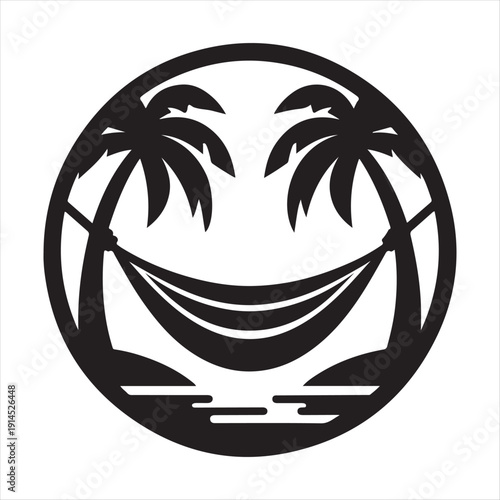 Hammock between palm trees vector silhouette clip art logo design concept illustration