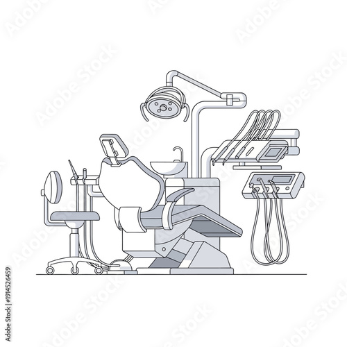 Modern Dental Chair and Equipment Illustration - Clean Line Art Style