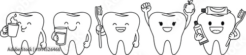 Collection of cute tooth characters with toothbrush toothpaste and healthy habits for pediatric dental care and oral hygiene education