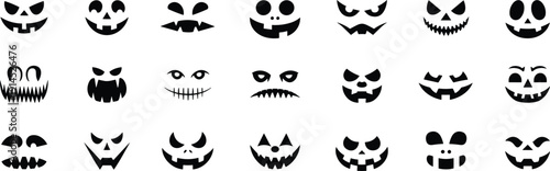 Halloween pumpkin face silhouettes set with scary jack o lantern expressions isolated on white vector illustration collection