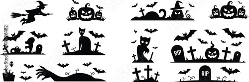 Halloween silhouette collection set, witch pumpkins bats black cat graveyard tombstones isolated on white background for spooky design