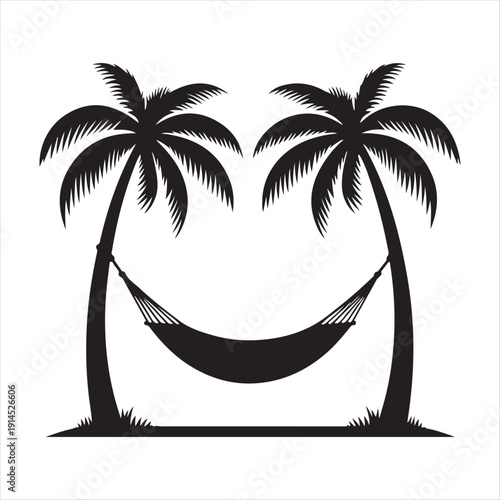 Hammock between palm trees vector silhouette clip art logo design concept illustration