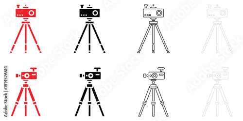 camera tripod icon vector set, camera stand symbol vector, silhouette and line art illustration 