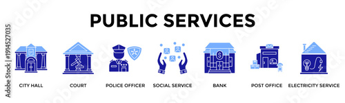 Public Services Icon Set Collection Pack Banner Web Vector Illustration  Concept Containing City Hall, Court, Police Officer, Social Service, Bank, Post Office, Electricity Service