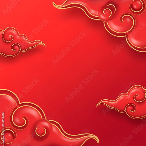 Red background with decorative gold outlined cloud shapes