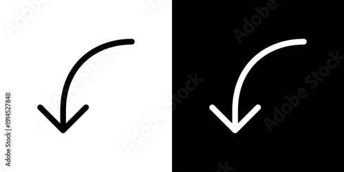 左下を指し示す細身の曲線矢印・スマートなナビゲーションアイコン (ベクター)