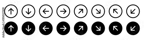 16-piece set of simple arrow icons with upper, lower, left, and right, and diagonally surrounded (vector)