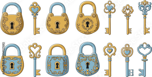 Collection of decorative vintage padlocks and skeleton keys with heart motifs and ornate filigree for mystery and romance
